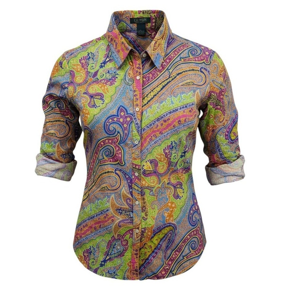 Lauren Ralph Lauren Multicolor Paisley Button Down Shirt 3X Boho Coastal Preppy